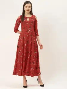 DressBerry Women Floral Print Keyhole Neck Cold-Shoulder Crepe A-Line Maxi Dress