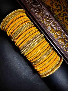 RIJOLI Set Of 54 Gold-Plated Cubic Zircon Studded & Beaded Bangles