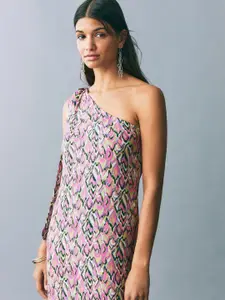 MANGO Abstract Print One Shoulder Bow Detailed Maxi Dress