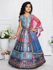 NKV Girls Printed Mirror Work Lehenga With Blouse & Dupatta