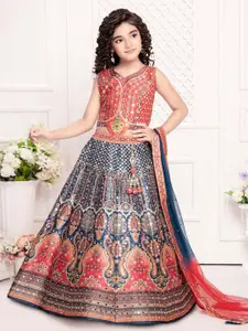 NKV Girls Printed Mirror Work Lehenga With Blouse & Dupatta