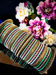 RIJOLI Set Of 52 Gold-Plated Stone Studded & Beaded Fancy Bangles