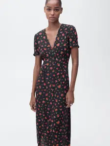 MANGO Floral Print A-Line Side Slit Midi Dress