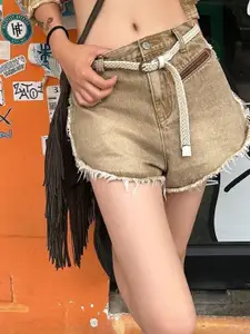 KPOP Khaki Solid Mid-Rise Regular Fit Shorts