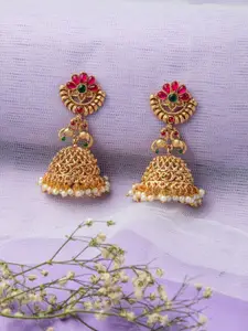Niscka Gold-Plated Artificial Stones Studded & Beaded Dome Shaped Jhumkas