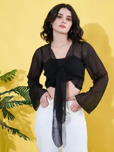 ANVI Be Yourself Solid Black Long Sleeves Georgette Open Front Tie-ups Crop Sheer Shrug