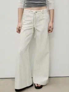 MANGO Women Mid-Rise Vertically Striped Pure Cotton Wide Leg Jeans with Belt