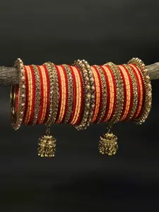 RIJOLI Set Of 42 Gold-Plated Stone Studded & Beaded Jhumka Latkan Bangles