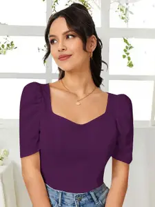 Dream Beauty Fashion Women Solid Sweetheart Neck Puff Sleeve Fitted Top