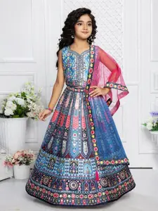NKV Girls Printed Mirror Work Lehenga With Blouse & Dupatta
