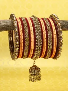 RIJOLI Set Of 42 Gold-Plated Stone Studded & Beaded Jhumka Latkan Bangles