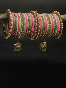 RIJOLI Set Of 42 Gold-Plated Stone Studded & Beaded Jhumka Latkan Bangles