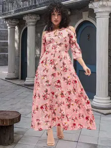 DressBerry Women Floral Print Keyhole Neck  A-Line Maxi Dress