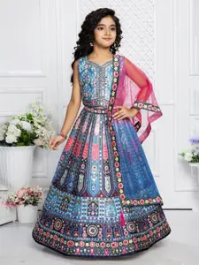 NKV Girls Printed Mirror Work Lehenga With Blouse & Dupatta