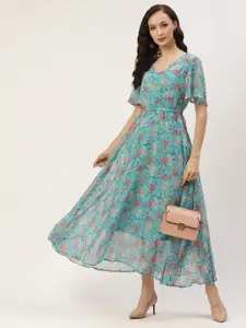 DressBerry Women Floral Print Flared Sleeve Georgette Fit & Flare Maxi Dress