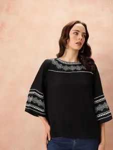 all about you Women Embroidered Flared Sleeve Crepe Top