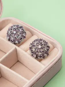 Niscka Rhodium-Plated American Diamond Studded Floral Shaped Studs
