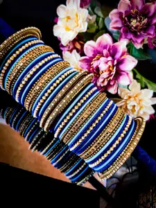 RIJOLI Set Of 52 Gold-Plated Stone-Studded & Beaded Velvet Bangles