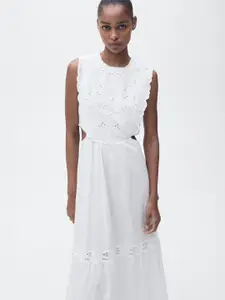 MANGO Floral Embroidered Cut-Out & Lace Insert Detail Pure Cotton Maxi A-Line Dress