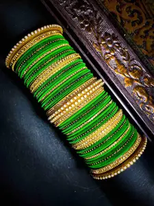 RIJOLI Set Of 54 Gold-Plated Cubic Zircon Studded & Beaded Designer Bangles