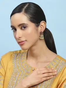 Biba Gold-Plated Artificial Stones Studded & Beaded Dome Shaped Jhumkas