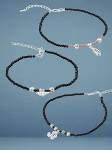 ATIBELLE Set Of 3  Silver-Plated Artificial Stones Studded And Beaded Anklet