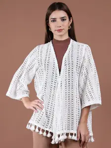 UnaOne Self Design V-Neck Embroidered Cotton Longline Shrug