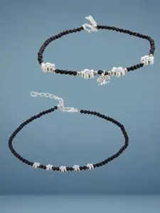 ATIBELLE Set Of 2  Silver-Plated Artificial Stones Studded And Beaded Anklet