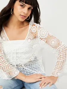 max Women Self Design V-Neck Bell Sleeve Cotton Crop Top