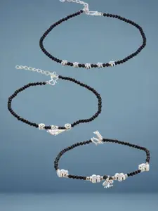 ATIBELLE Set Of 3  Silver-Plated Artificial Stones Studded And Beaded Anklet
