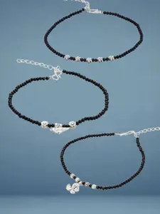 ATIBELLE Set Of 3  Silver-Plated Artificial Stones Studded And Beaded Anklet