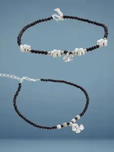 ATIBELLE Set Of 2  Silver-Plated Artificial Stones Studded And Beaded Anklet