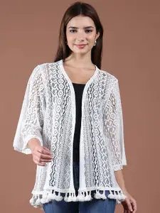UnaOne Self Design V-Neck Embroidered Cotton Longline Shrug