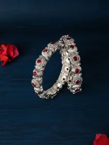 Anouk Set Of 2 Silver-Plated Stone Studded Oxidized Kada Bangles