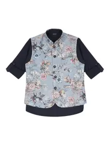 CHARCHIT Boys Sequinned Floral Printed Full Sleeves Nehru Jacket & Shirt