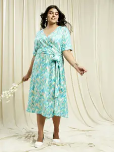 Globus Gloplus Wrap V-Neck Chevron Print Plus Size A-Line Midi Dress With Belt