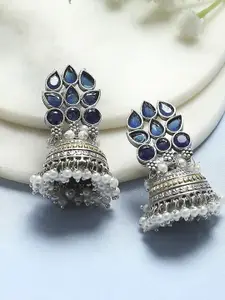 Biba Artificial Stones Studded & Beaded Dome Shaped Oxidised Jhumkas