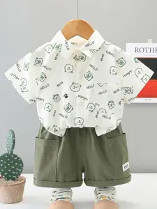 StyleCast x Revolte Boys Printed Pure Cotton Shirt Collar Shirt & Trousers