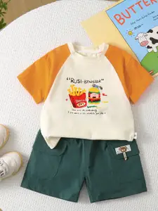 StyleCast x Revolte Boys Cartoon Printed Pure Cotton Round Neck T-shirt & Trousers