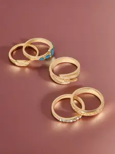 Accessorize Set Of 5 Crystals-Studded Feather Turq Finger Ring