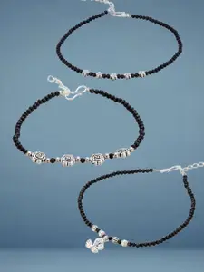 ATIBELLE Set Of 3  Silver-Plated Artificial Stones Studded And Beaded Anklet