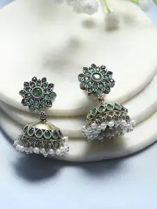 Biba Artificial Stones Studded & Beaded Dome Shaped Oxidised Jhumkas