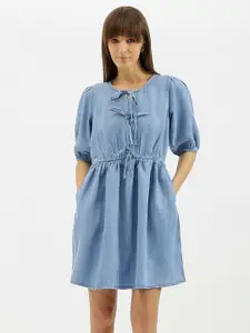 United Colors of Benetton Tie-Up Neck Puff Sleeve Fit & Flare Dress