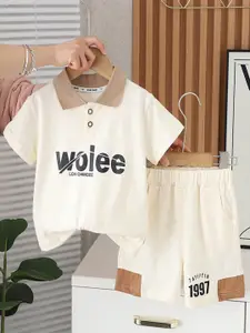 StyleCast x Revolte Boys Typographic Printed Pure Cotton Polo Collar T-shirt & Trousers