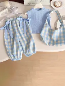 StyleCast x Revolte Girls Checked Round Neck Pure Cotton Top &Trousers