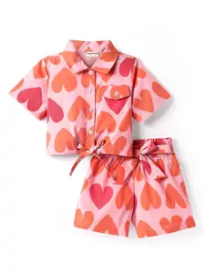 CrayonFlakes Girls Hearts Printed Crop Pure Cotton Shirt With Shorts