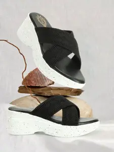 H.M. LADIES FOOTWEAR Women Black Leather Wedge Heel Sandals