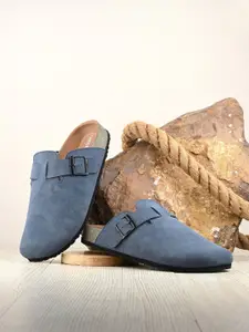 UNDERROUTE Men Navy Blue Leather Round Toe Mules With Buckles