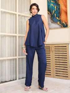 JISORA High Neck Russian Silk Top With Trouser Co-Ord Set