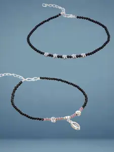 ATIBELLE Set Of 2 Silver-Plated Artificial Stones Studded And Beaded Anklet